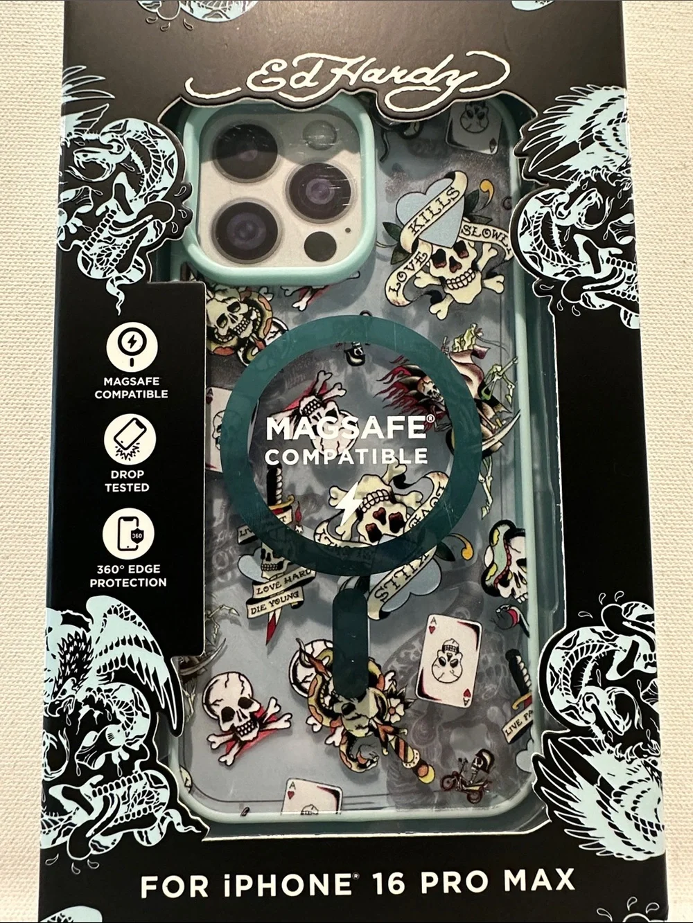 NIB Ed Hardy Love Kills Slowly White iPhone 16 Pro Max Case MagSafe Compatible.